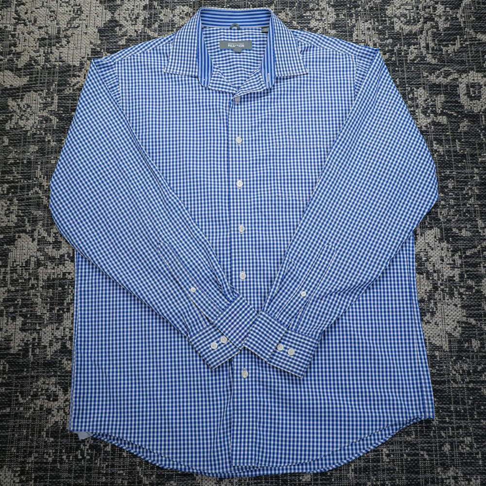 Kenneth Cole REACTION Mens Dress‎ Shirt L Blue Gingham Check Retro Preppy Casual